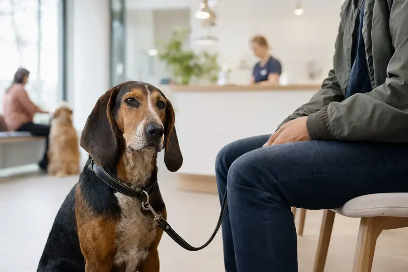 Ein Luzerner Laufhund sitzt ruhig neben seinem Besitzer im hellen Wartezimmer einer modernen Tierarztpraxis.